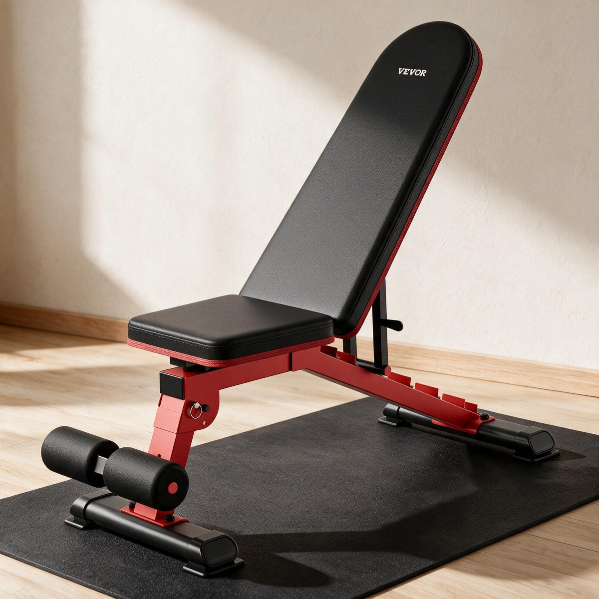 VEVOR Adjustable Weight Bench - Black & Red — styled in a warm neutral indoor setting.