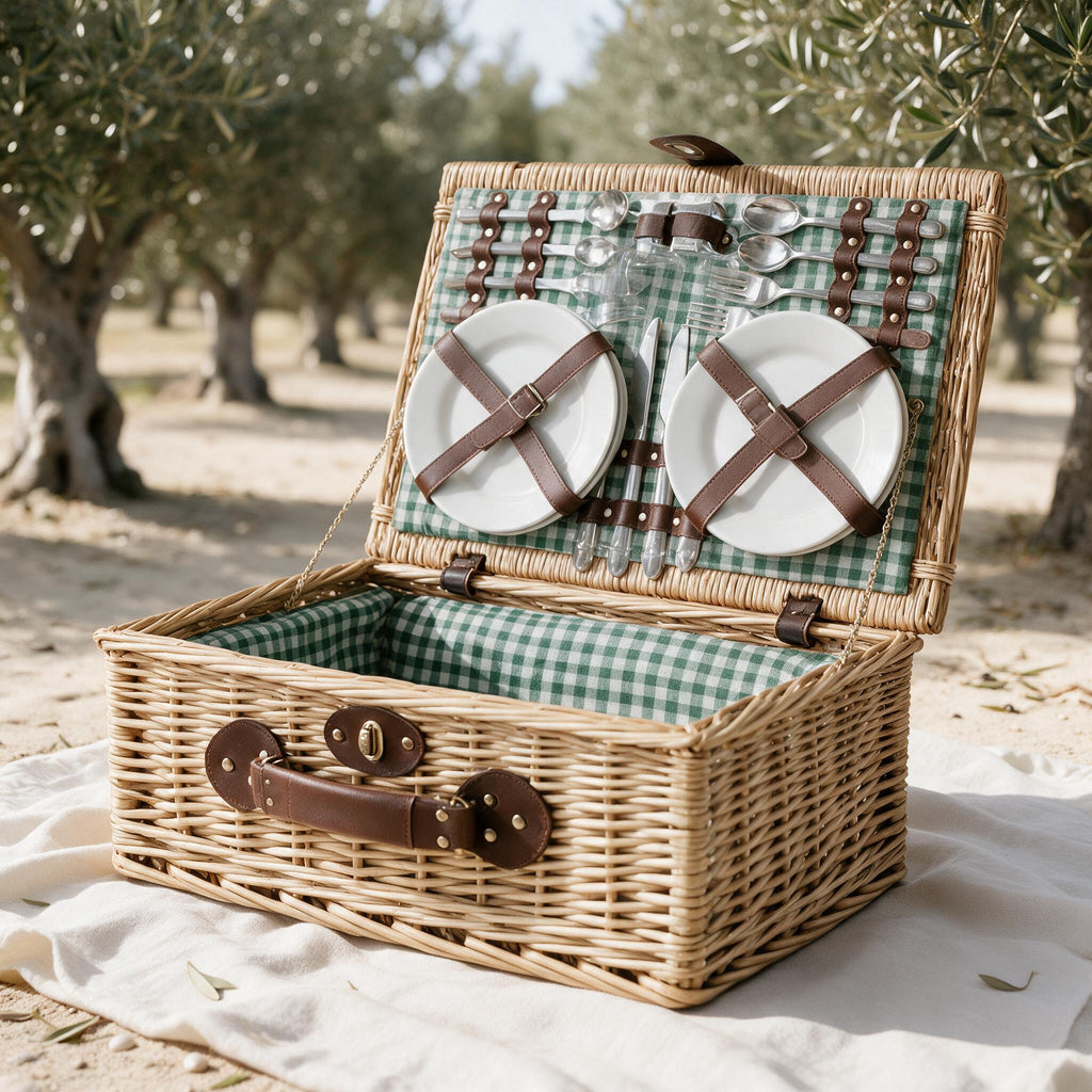 Willow Picnic Basket for Four — Green — in an olive garden; blanket and styling accessories not included