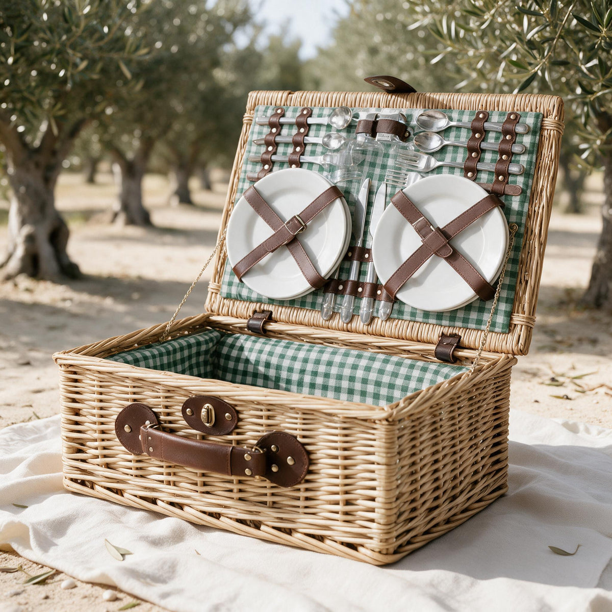 Willow Picnic Basket for Four — Green — in an olive garden; blanket and styling accessories not included