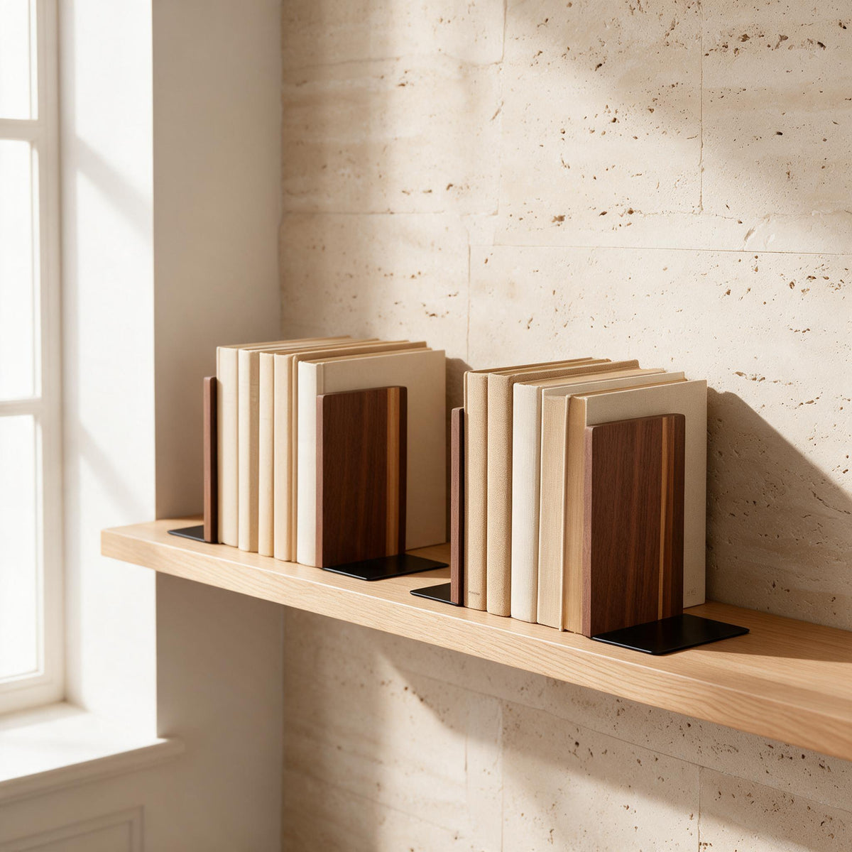 Wood & Metal Bookends — Set of 4 — in a calm home setting