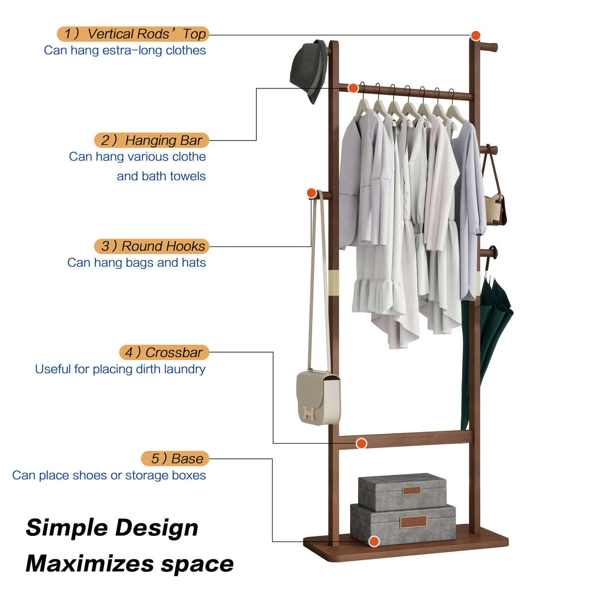 Hanging rail, side hooks and lower platform of the wooden coat rack