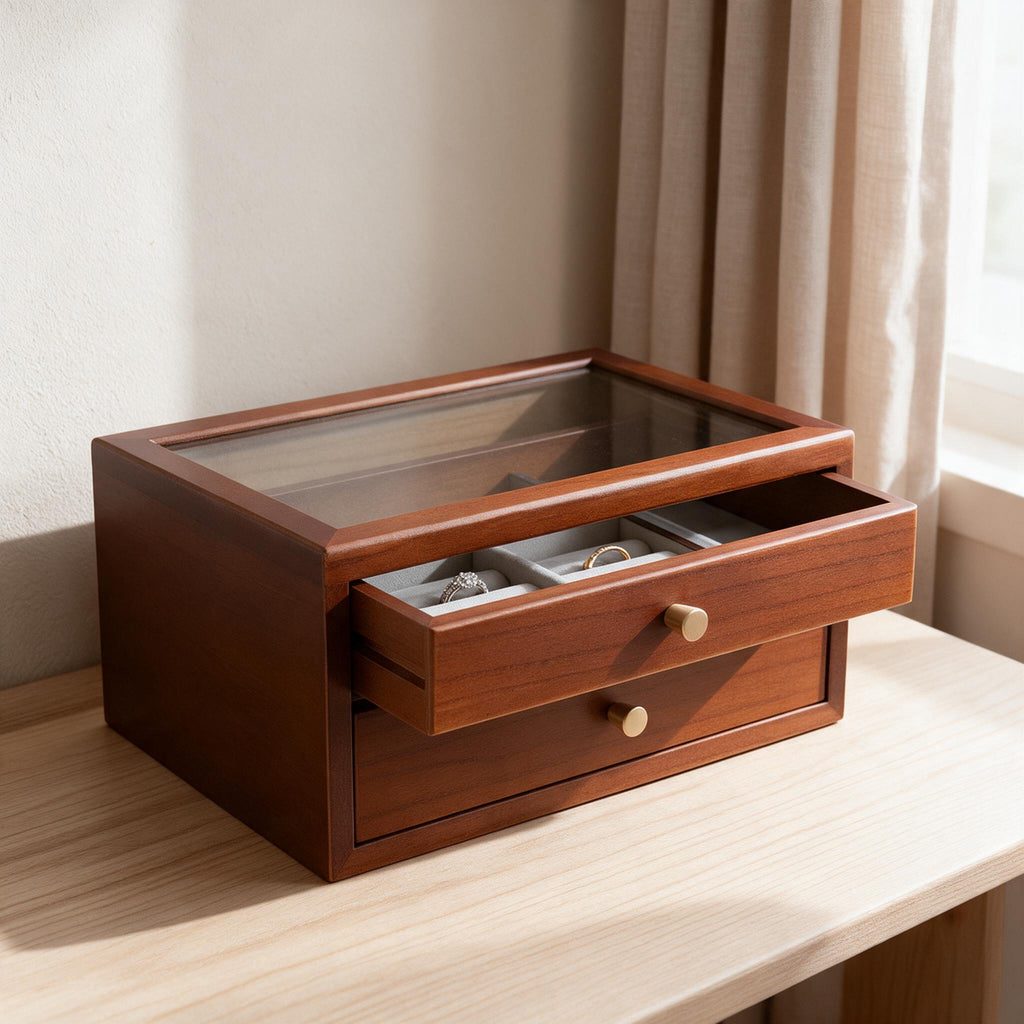 Wooden Jewelry Chest — Brown — in a calm home setting