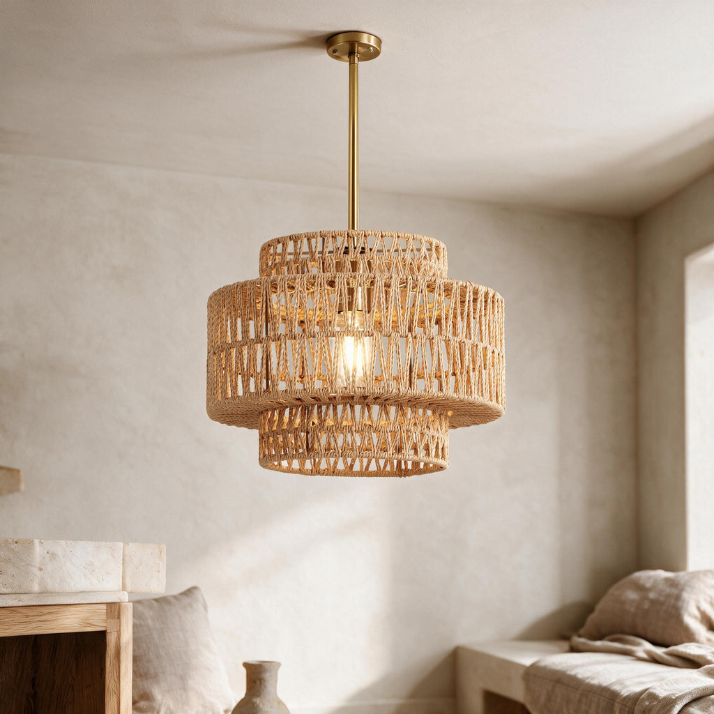 Woven Rattan Pendant Light — full product in a warm ivory setting
