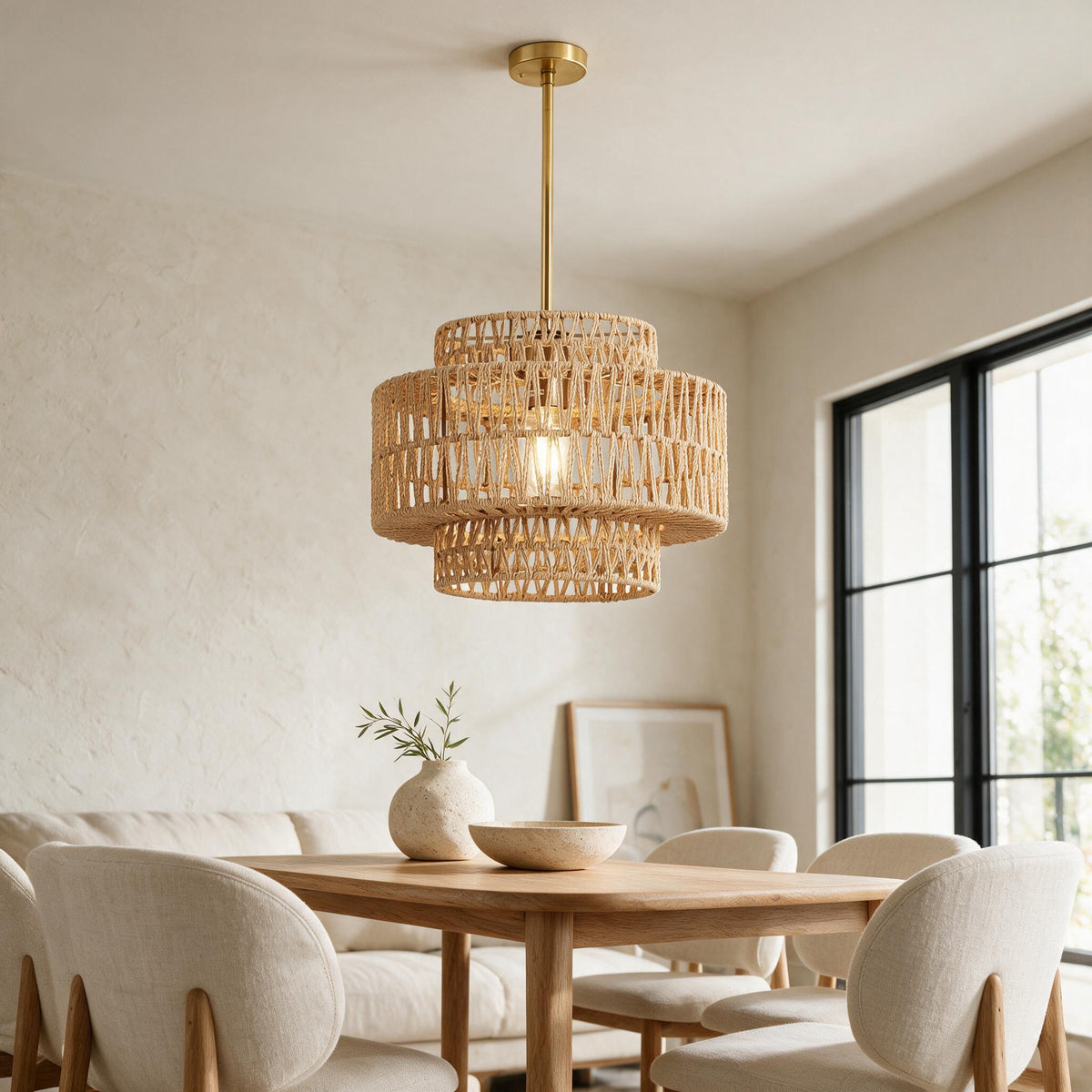 Woven Rattan Pendant Light — styled in a calm indoor room