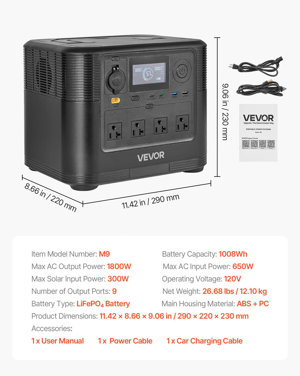 VEVOR M9 1008Wh 1800W portable power station, U.S. version; solar panel not included.