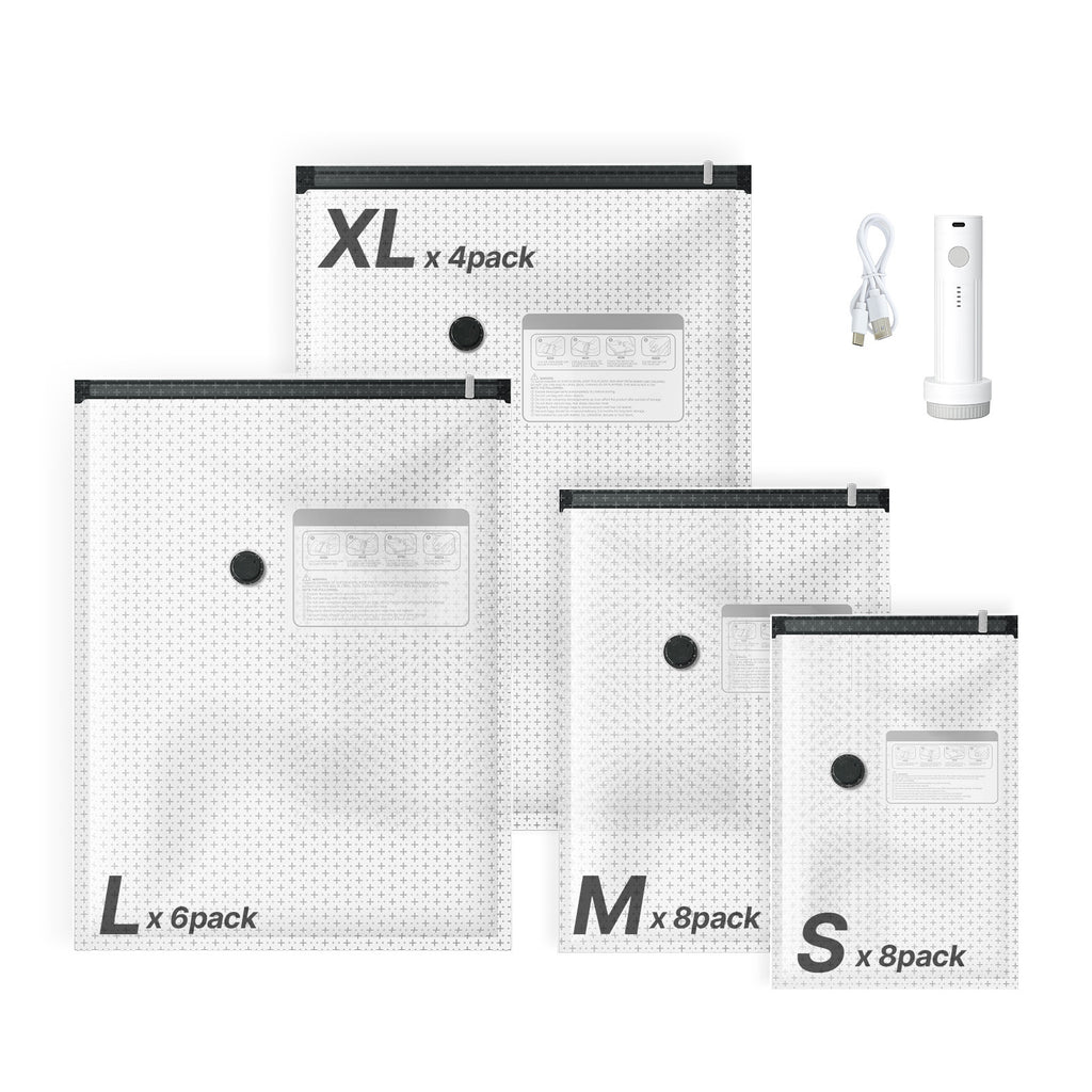 VEVOR SS002 kit showing 8 small, 8 medium, 6 large and 4 extra-large vacuum bags with an electric pump and charging cable.
