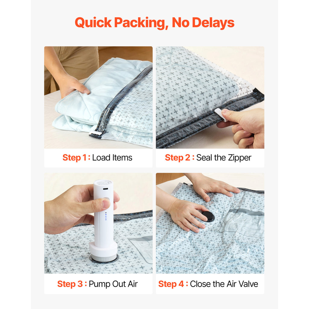 Supplier sequence showing a bag being filled, its zipper closed, air removed with the pump and the air valve closed.